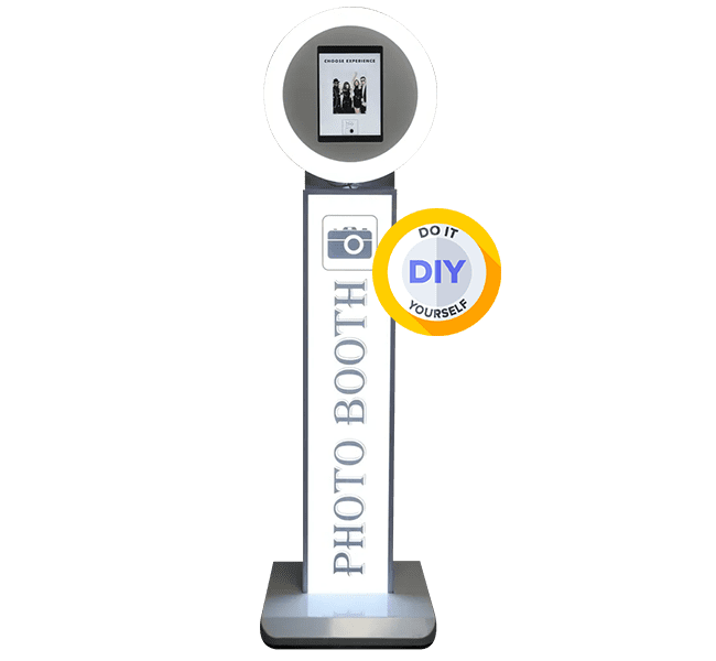 360 photo booth with lighted top, digital screen, and 'Do It Yourself' badge for interactive event memories.