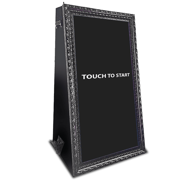 Elegant interactive mirror stand with ‘TOUCH TO START’ message, enhancing Halo 360 Photobooth event experience.