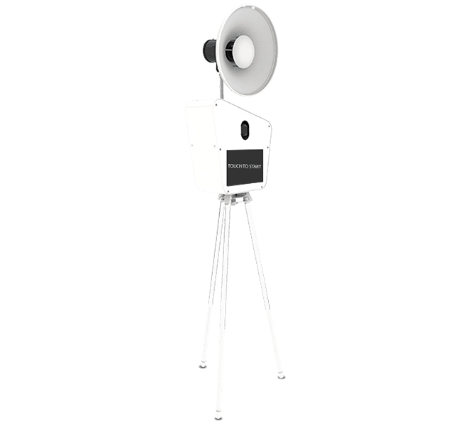 Modern Halo 360 photo booth with touchscreen and circular speaker, perfect for interactive events and gatherings.