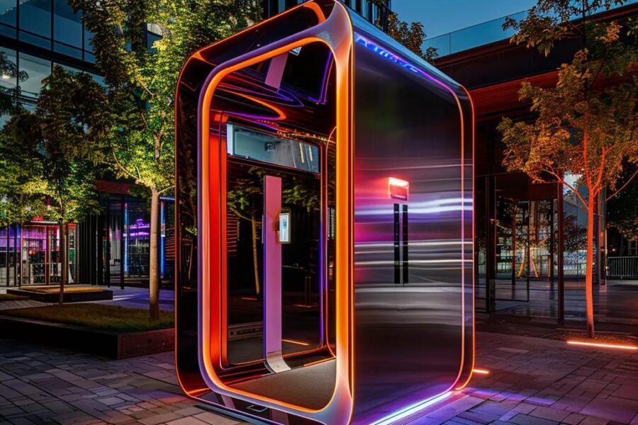 a modern, sleek 360 video booth is showcased in a vibrant urban setting at five dock, illuminated by dynamic led lights, creating an inviting atmosphere for immersive experiences.