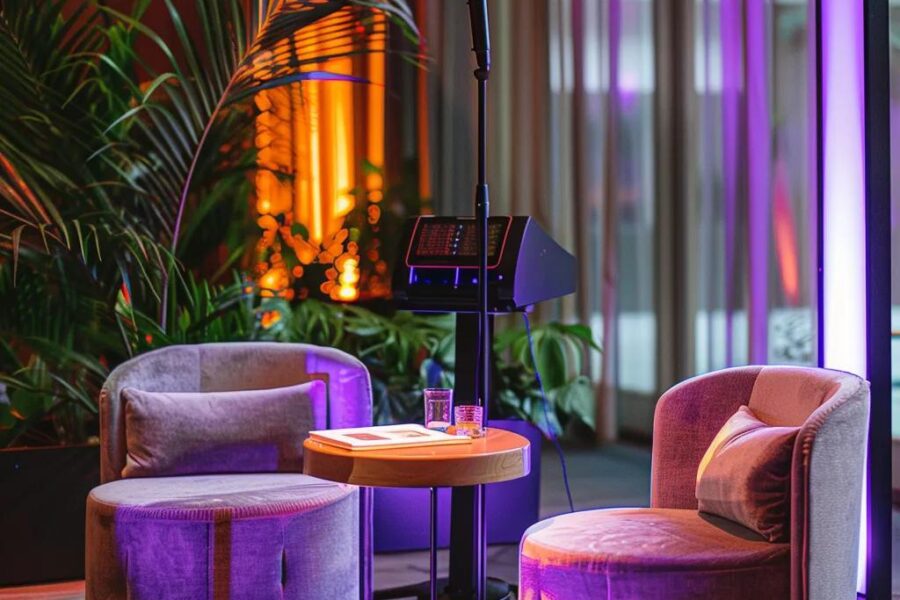 a modern, sleek audio guestbook station is set up in a vibrant urban event space, featuring a stylish microphone and plush seating, illuminated by dynamic led lighting to create an inviting atmosphere for guests to share their messages.