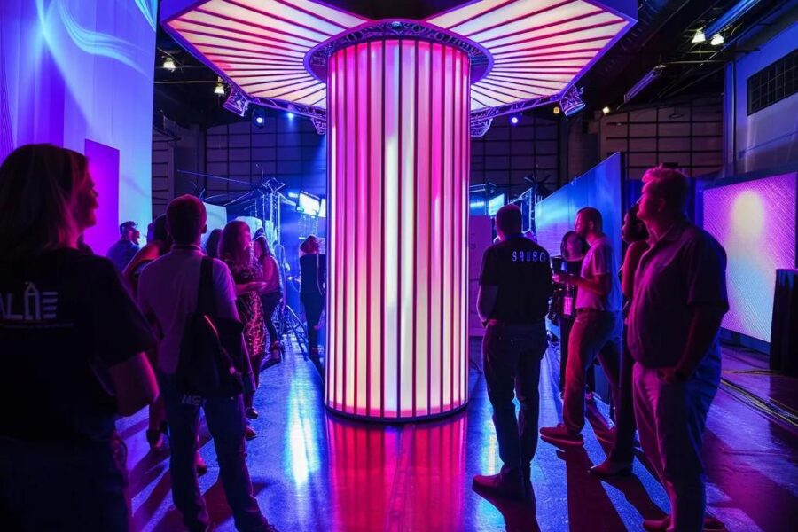 a sleek, modern 360 video booth stands centrally in a vibrant urban event space, surrounded by enthusiastic attendees capturing dynamic moments with cutting-edge technology under dramatic, focused lighting that enhances the high-energy atmosphere.