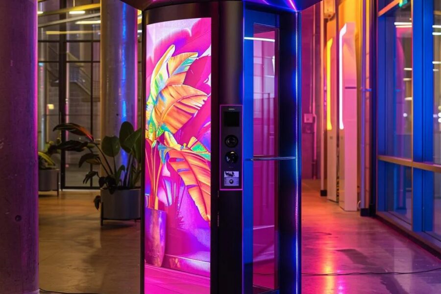 a vibrant and modern 360 video booth showcasing sleek technology and dynamic lighting in a stylish urban event space.
