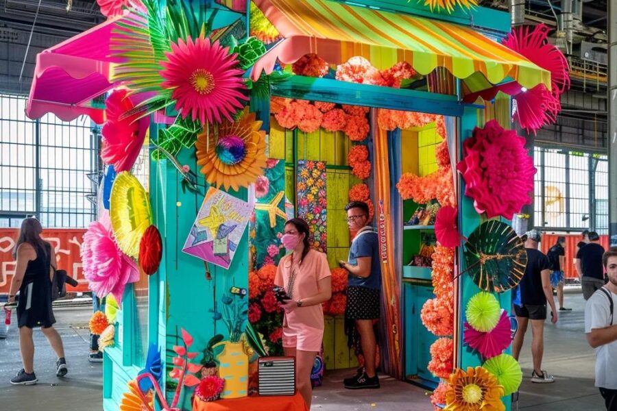 a vibrant photo booth in a bustling urban setting, adorned with colorful props and a lively backdrop, inviting people to capture joyful moments.