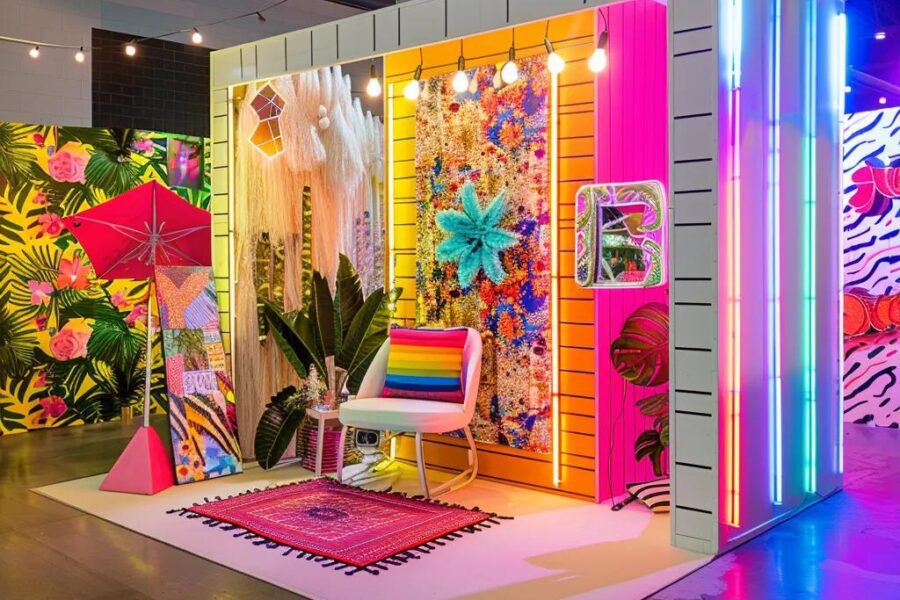 a vibrant photo booth in a bustling urban event space, featuring an array of colorful backdrops and props, inviting guests to capture playful moments in a dynamic, lively atmosphere.