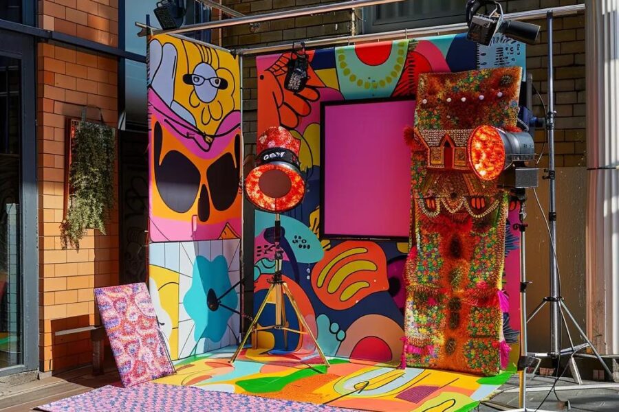 a vibrant photo booth set up in a bustling urban setting, featuring an array of colorful props and a striking backdrop, inviting people to capture joyous moments in a contemporary, lively atmosphere.