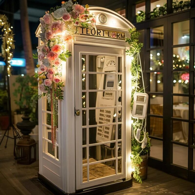 elegant audio guestbook, it looks like a telephone booth from the 80s but decorated elegantly with flowers, banners, and any accessories relevant to an event