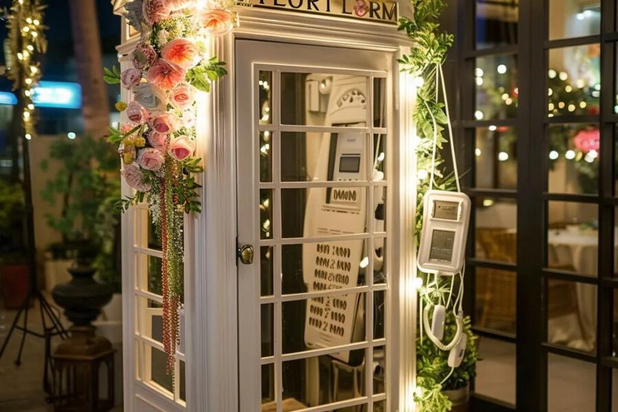 elegant audio guestbook, it looks like a telephone booth from the 80s but decorated elegantly with flowers, banners, and any accessories relevant to an event