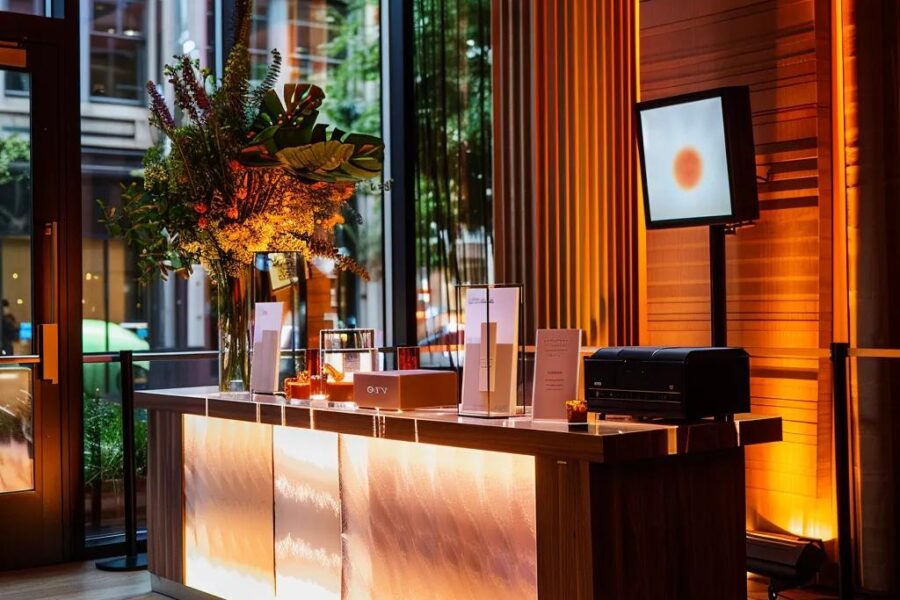 a sleek and modern audio guestbook station set up in a stylish urban event space, featuring elegant decor and warm ambient lighting, inviting guests to share their messages in a chic, contemporary atmosphere.