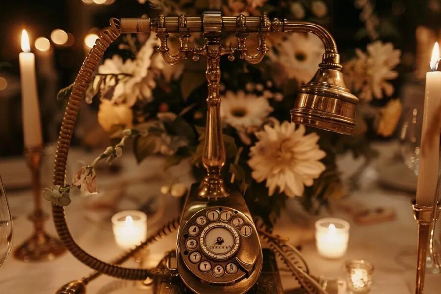 Vintage telephone audio guestbook at an event, capturing guest interactions and emotions