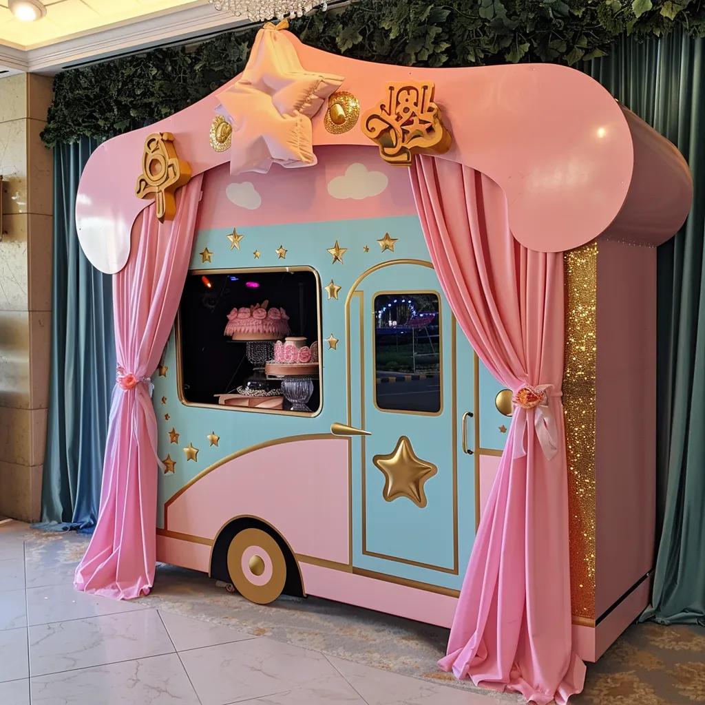 Pink and blue photo booth with star decorations, draped curtains, and a display of pink cakes, designed for event branding and guest interaction.