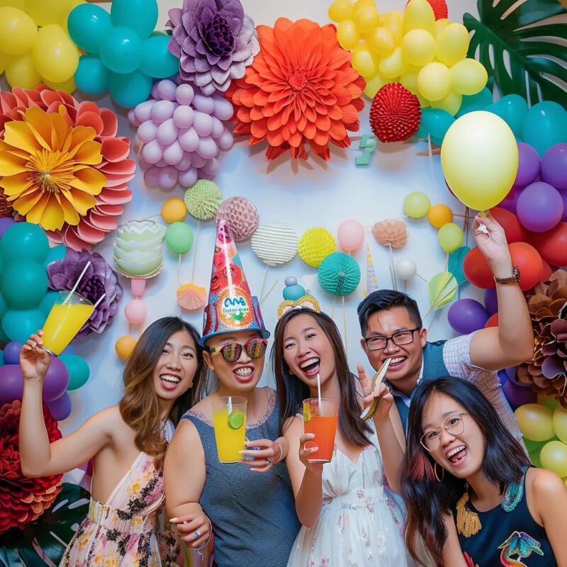 Group of five friends celebrating at a vibrant event with colorful balloons and floral decorations, holding drinks and smiling joyfully, showcasing a lively atmosphere ideal for photobooth experiences.