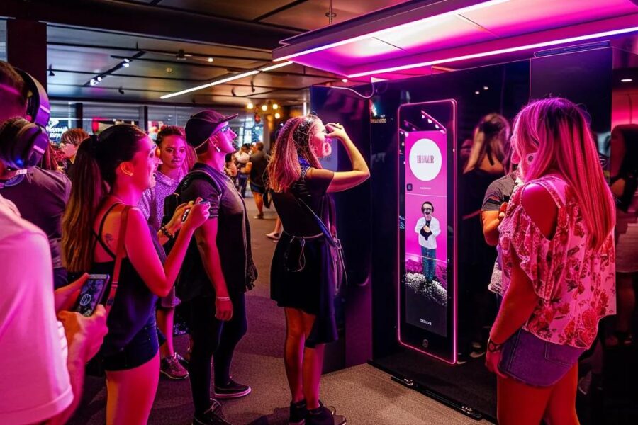 360 video booth at an event in Lidcombe with guests enjoying the interactive experience
