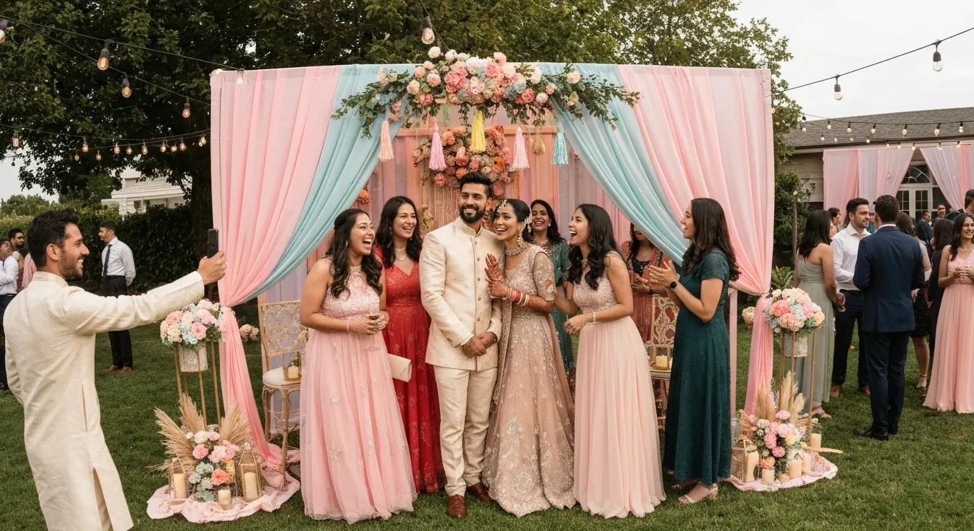 A beautifully themed wedding photo booth with guests capturing cherished memories