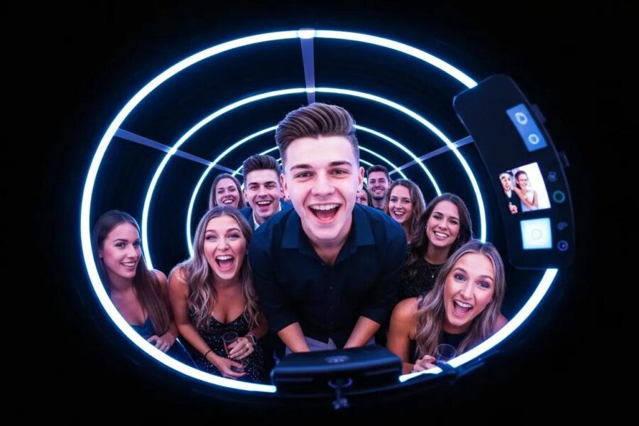 Guests enjoying a vibrant 360 video booth experience in Lidcombe