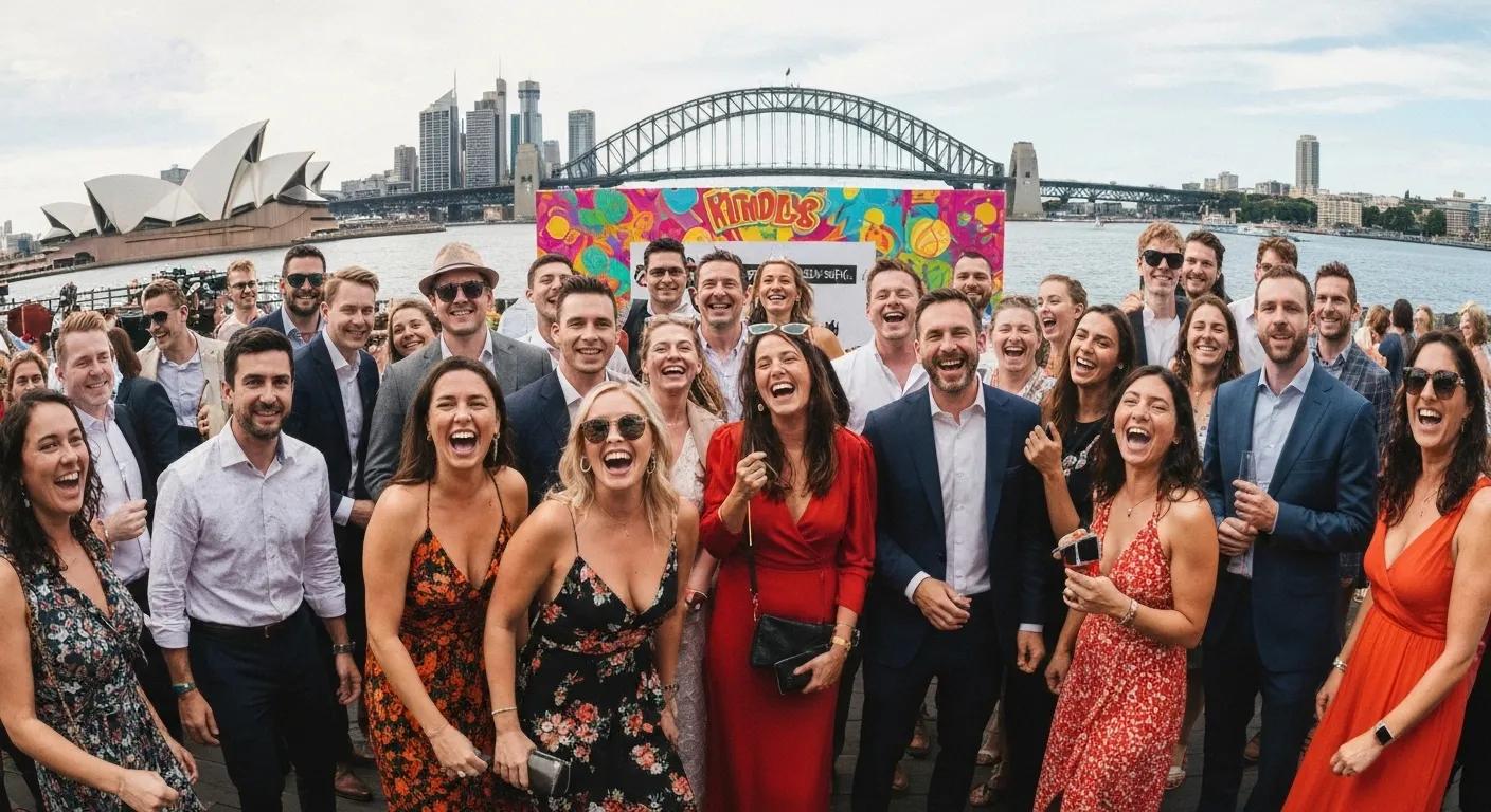 Group of smiling guests celebrating at an outdoor event in Sydney, featuring the Sydney Opera House and Harbour Bridge in the background, highlighting the joy and interaction typical of memorable photobooth experiences.