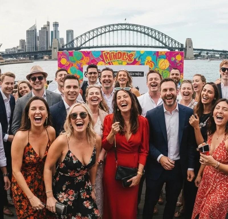 Group of smiling people enjoying a vibrant outdoor event with Sydney's Harbour Bridge in the background, showcasing a lively atmosphere perfect for photobooth experiences.