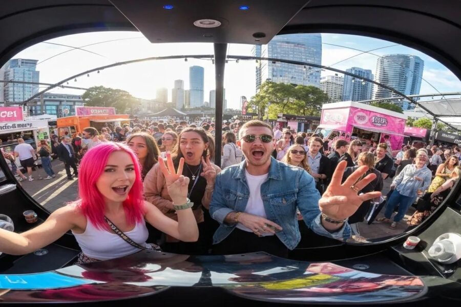 360 video booth at a lively event in Sydney with guests capturing moments