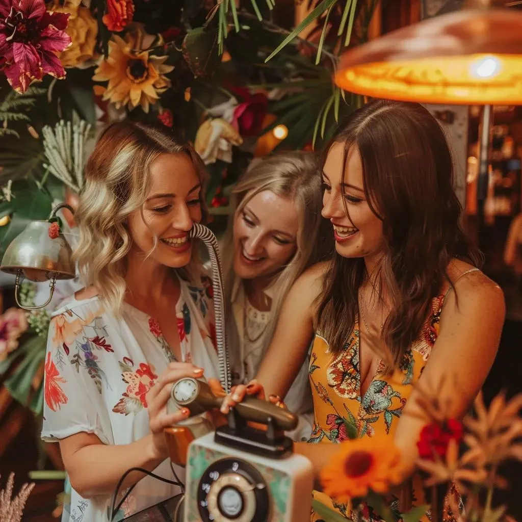 Three women joyfully interacting with a vintage audio guestbook device amidst a vibrant floral backdrop, capturing memorable moments at an event.