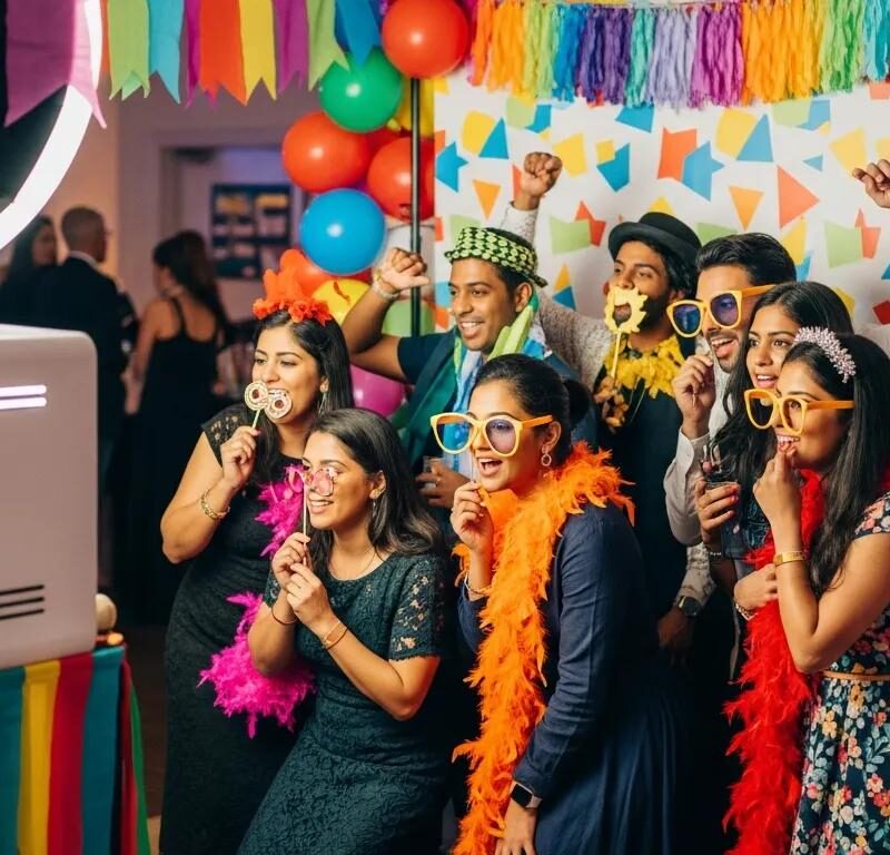 Group of friends posing joyfully in costumes with oversized glasses and colourful feather boas in front of a photobooth, surrounded by festive decorations, capturing a fun moment at an event.