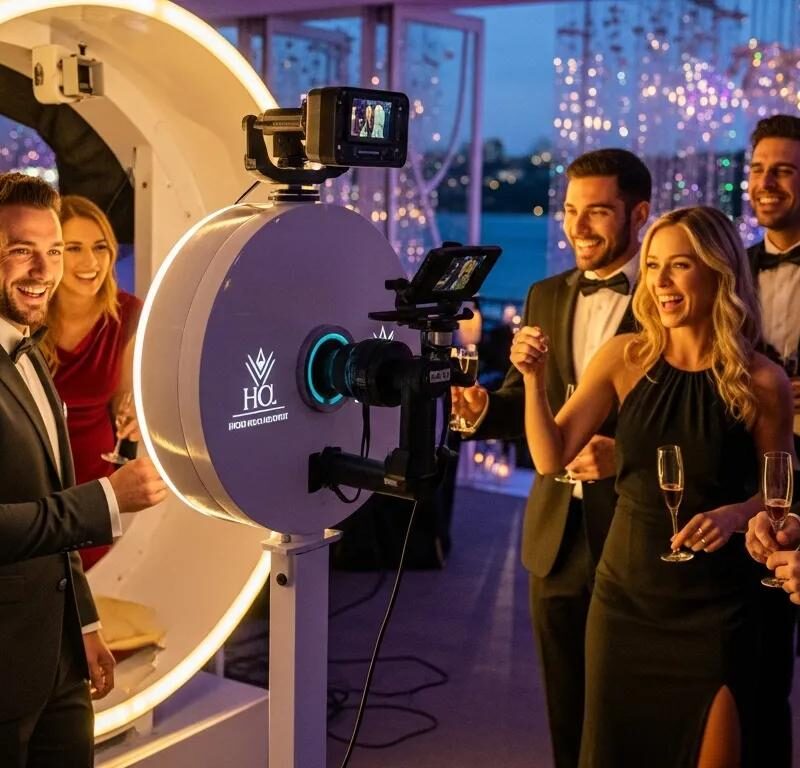 Group of elegantly dressed guests enjoying a 360 video booth experience at a glamorous event, capturing moments with champagne glasses and smiles, illuminated by ambient lighting.