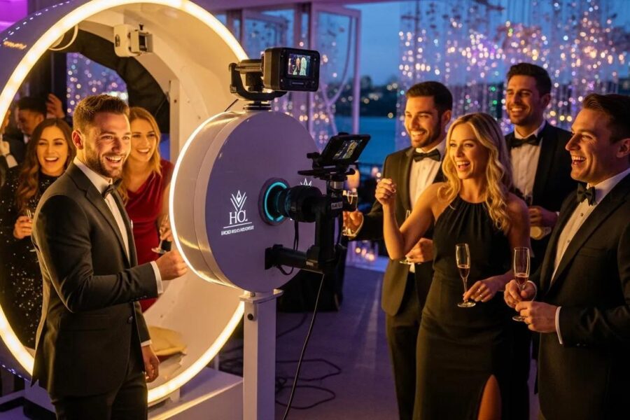 Luxurious 360 video booth at a glamorous event in Double Bay with guests enjoying the experience