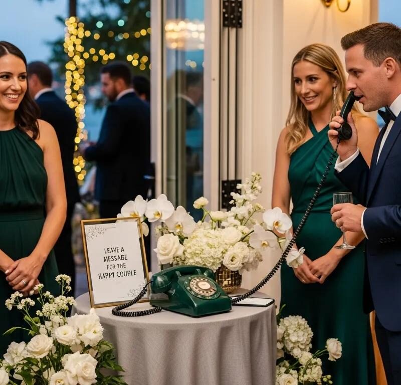 Guests at a wedding event interacting with a vintage green telephone, surrounded by floral arrangements, with a sign reading "Leave a message for the happy couple".