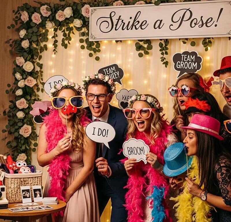 Group of guests at a wedding photo booth celebrating with props, wearing fun accessories, and posing in front of a floral backdrop with "Strike a Pose!" sign, highlighting joyful moments for event photography.