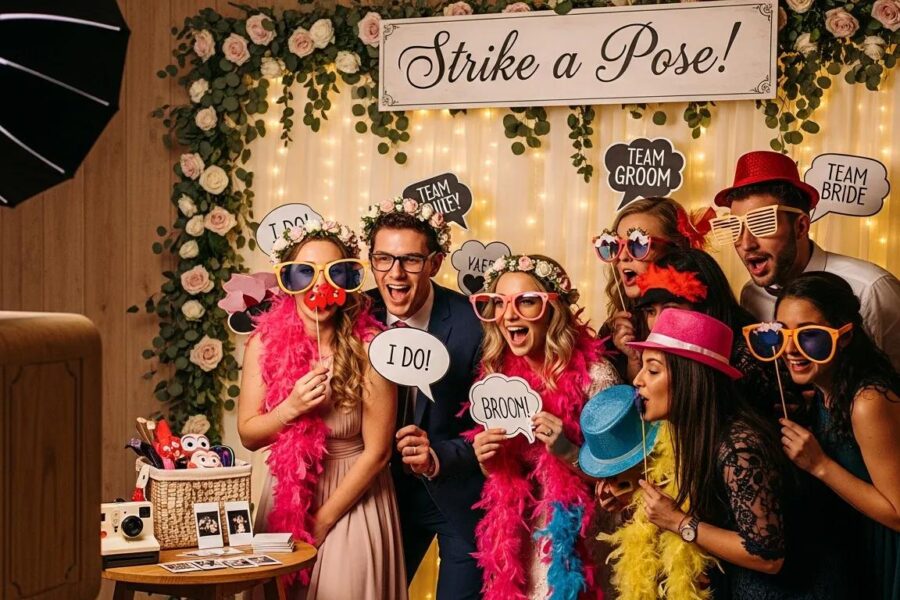 Photo booth setup at a wedding with guests enjoying the experience