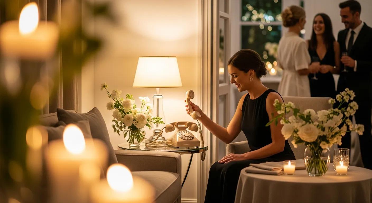Woman in elegant black dress using a vintage telephone at a stylish event, surrounded by flowers and candles, with guests socializing in the background, highlighting the audio guestbook experience in Double Bay.