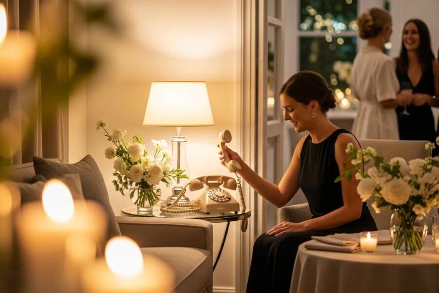 Ultra-realistic cinematic widescreen hero image of a premium audio guestbook moment at an elegant Double Bay event in Sydney. A beautifully styled vintage-style audio guestbook phone sits on a refined side table in a quiet lounge corner: soft lamp glow, fresh florals, linen textures, and subtle candles creating warm ambience. A well-dressed guest (cocktail attire, natural expression) gently lifts the handset, smiling as if about to leave a heartfelt message; nearby, a couple or small group in the background is softly out of focus, laughing and mingling. The setting feels intimate and luxurious—away from the dancefloor—with soft bokeh from warm venue lights and a calm, emotional atmosphere. Composition designed for a website hero banner with generous negative space for layout, no signage, no readable branding, no text anywhere, no logos. Full-frame camera look, crisp detail, realistic skin texture, shallow depth of field, cinematic contrast, high dynamic range, soft haze.