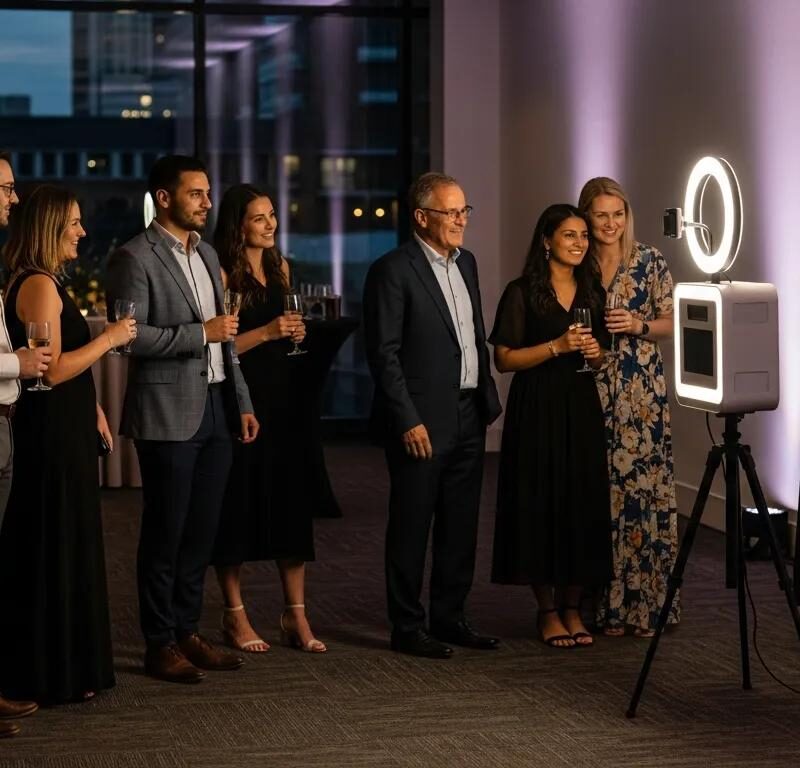 Group of people enjoying a photo booth experience at an event, featuring a sleek photo booth with a ring light, capturing moments with drinks in hand.