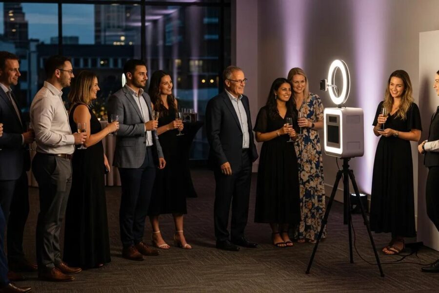 Ultra-realistic cinematic wide-angle photo of a polished photo booth station at a corporate cocktail function in Concord, Sydney. The scene shows a sleek modern selfie photo booth with a soft ring light glow and a clean, minimalist backdrop, positioned neatly near a venue wall with subtle uplighting. Well-dressed guests (mixed ages, diverse backgrounds) are calmly queuing and smiling, with one small group taking a photo while an attendant stands nearby in professional attire, discreetly guiding the flow. The mood feels reliable and organised—no chaos—while still warm and inviting. Background includes tasteful corporate event details like high-top tables, soft reflections from glassware, and blurred city-evening ambience through windows. Composition designed for a website hero banner with strong depth, clean lines, and generous negative space for page layout (but no text in the image). No readable branding anywhere. Shot on full-frame camera look, crisp detail, realistic skin texture, cinematic contrast, soft bokeh, high dynamic range. Aspect ratio: 21:9 widescreen