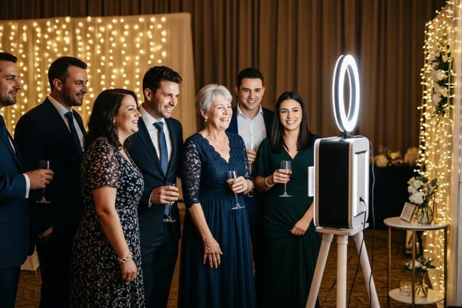 Ultra-realistic cinematic wide-angle photo of a premium photo booth setup at an elegant wedding reception in Lidcombe, Sydney. Guests in formal attire (diverse ages and backgrounds) laughing and posing together near a sleek modern selfie photo booth with a soft glowing ring light and a refined backdrop. Warm ambient venue lighting with bokeh fairy lights in the background, champagne-gold tones, shallow depth of field, natural candid energy. The booth area looks tidy and high-end, with subtle props on a small side table (minimal, classy). Composition framed for a website hero banner with generous negative space on one side, no signage or readable branding, no text anywhere, no logos. Shot on full-frame camera look, crisp detail, realistic skin texture, cinematic contrast, soft haze, high dynamic range.