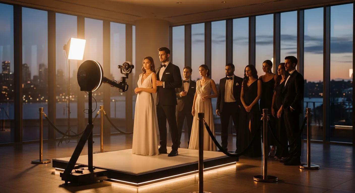 Luxury event featuring a 360 video booth with elegantly dressed guests posing on a platform, illuminated by soft lighting, in a modern venue with city skyline views.