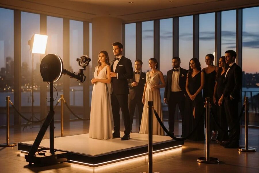 Ultra-realistic cinematic widescreen hero image of a luxury 360 video booth experience at an upscale Double Bay wedding or brand event in Sydney at twilight. A sleek 360 platform with subtle LED edge lighting sits in a refined venue space with floor-to-ceiling windows and an elegant harbour-side or bayside glow outside (soft city lights in bokeh). A stylish couple and/or a small group of well-dressed guests (black tie / cocktail attire, diverse backgrounds) pose confidently on the platform while a stabilised 360 camera arm circles mid-motion (captured as a crisp, dramatic moment—no blur). Velvet rope stanchions create a premium, organised footprint. Warm cinematic lighting with soft haze, high dynamic range, realistic skin texture, editorial fashion-event feel. Composition framed for a website banner with generous negative space for layout, no signage, no readable branding, no text anywhere, no logos. Full-frame camera look, shallow depth of field, elegant reflections on polished flooring, premium atmosphere.