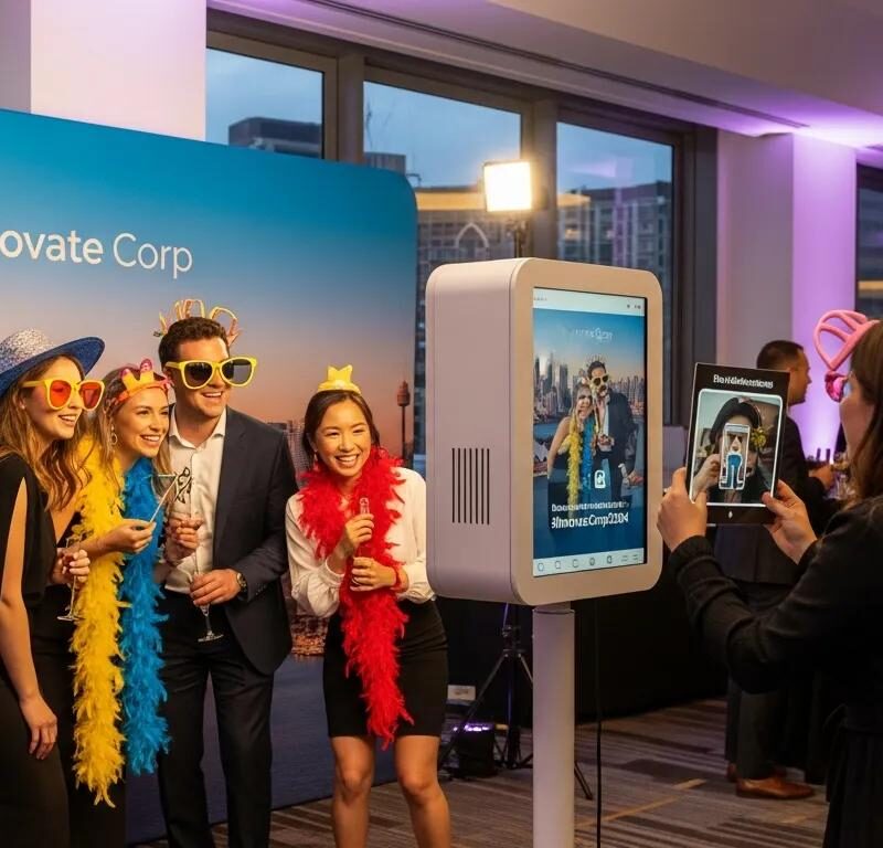 Group of five people enjoying a 360 photo booth experience at a corporate event, wearing colorful props and accessories, with a digital screen displaying a fun photo capture.
