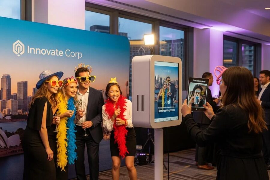 Photo booth setup at a corporate event in Sydney with guests interacting and enjoying the experience