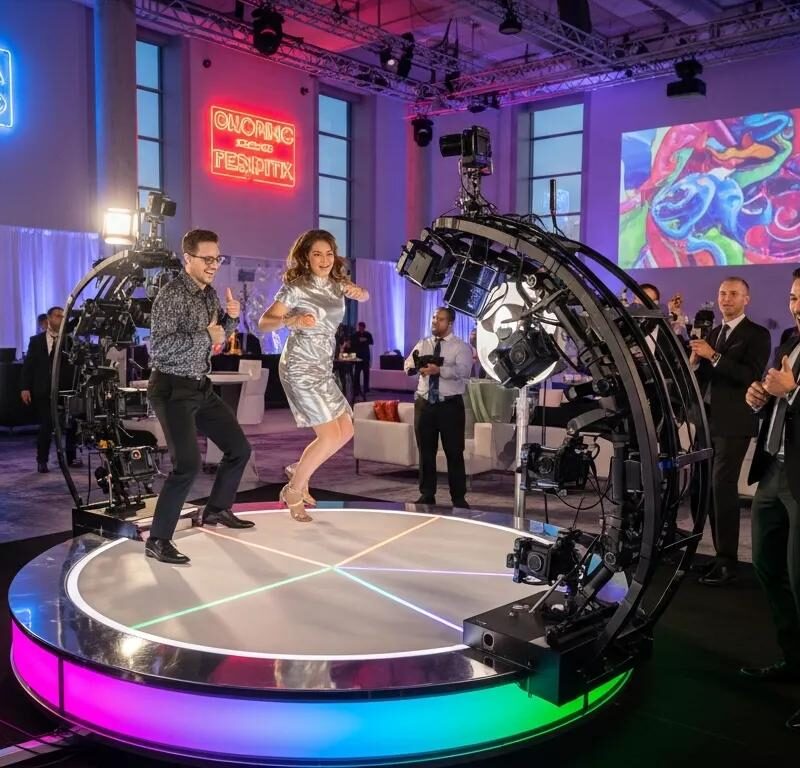 Woman in silver dress and man in patterned shirt dancing on a 360 photo booth platform, surrounded by guests capturing the moment, vibrant event atmosphere.