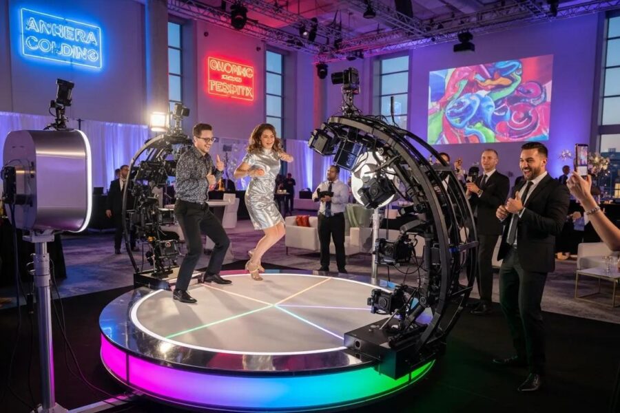 360 booth at a modern event with guests capturing moments