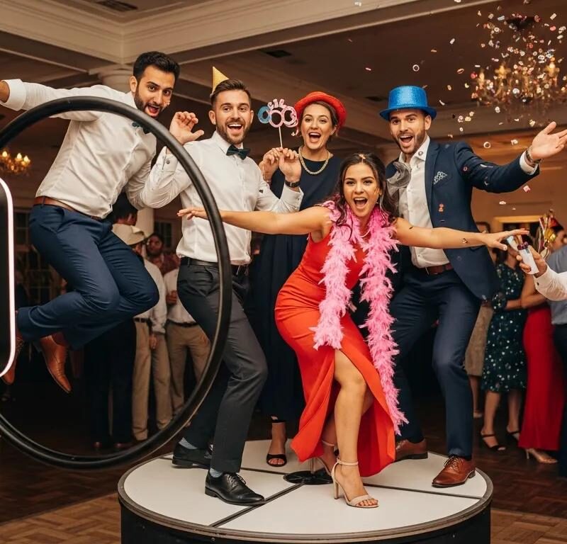 Group of five friends celebrating at an event, posing joyfully on a circular platform with confetti, wearing festive hats and accessories, highlighting the fun atmosphere of a 360 photo booth experience.