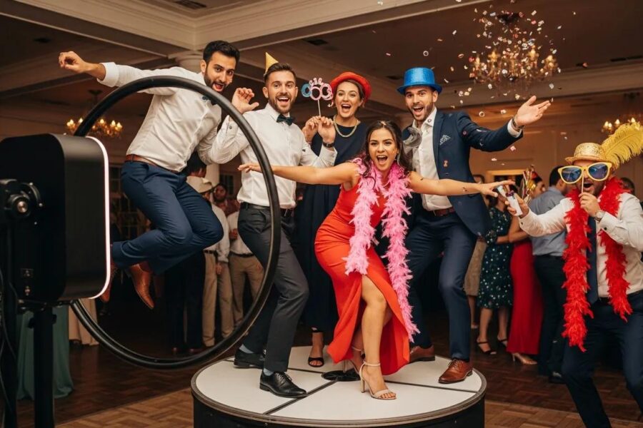 Guests enjoying a 360 photobooth experience at an event, capturing memorable moments