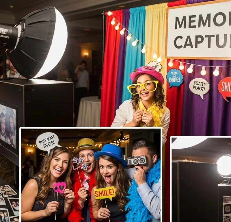Colorful photo booth setup with props, featuring a smiling woman in oversized glasses and a pink hat, surrounded by friends holding playful signs, capturing memorable moments at an event.