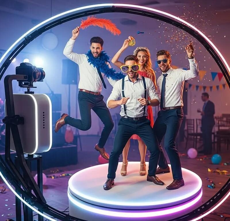 Four friends celebrating at a vibrant event, posing with props in a 360 photo booth, surrounded by festive decorations and colorful lighting.