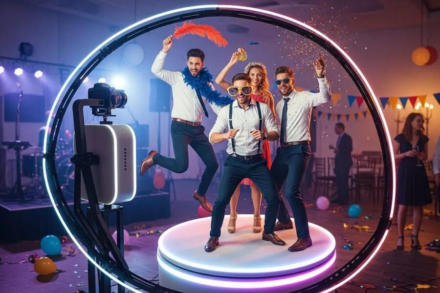 360 photo booth at a party with guests enjoying the interactive experience