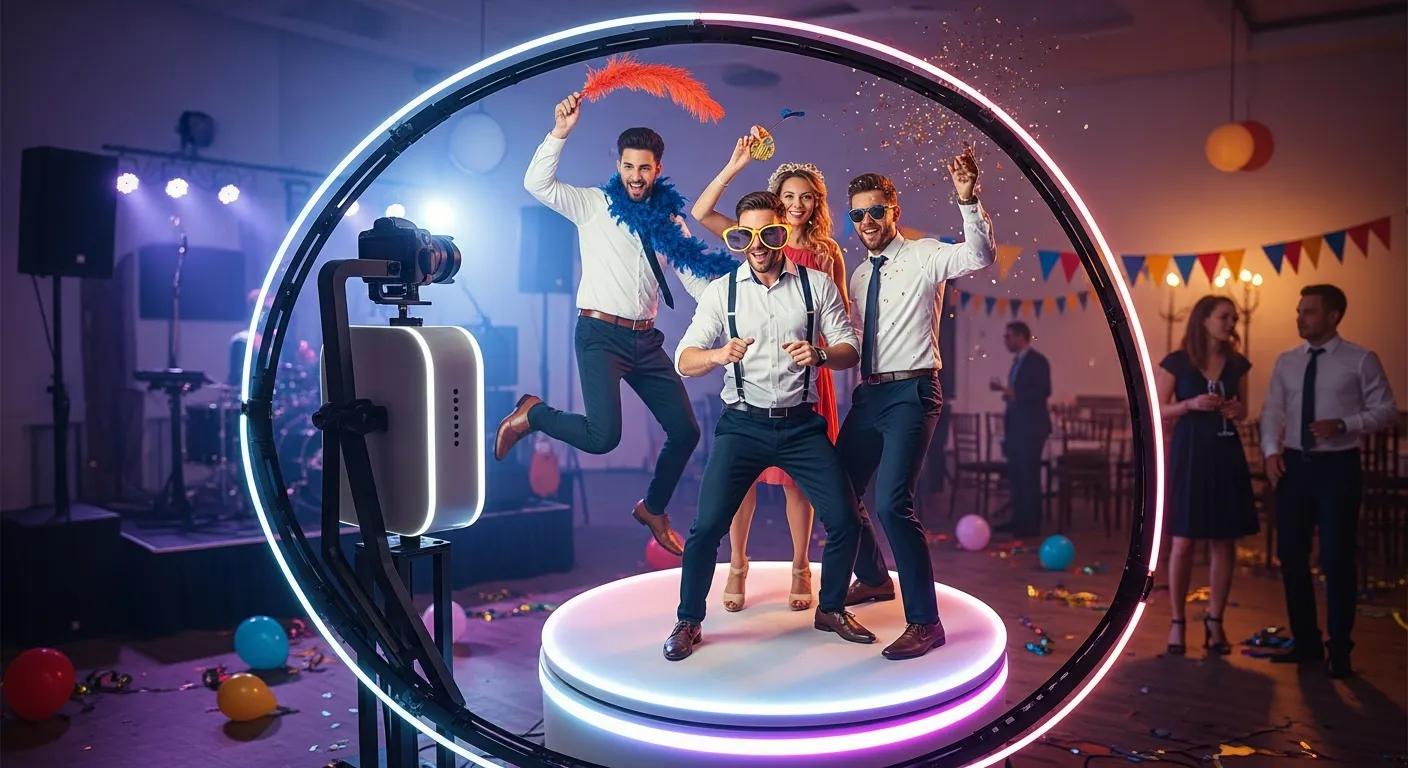 Group of four people joyfully posing in a 360 photo booth with colorful decorations, capturing a fun party atmosphere.
