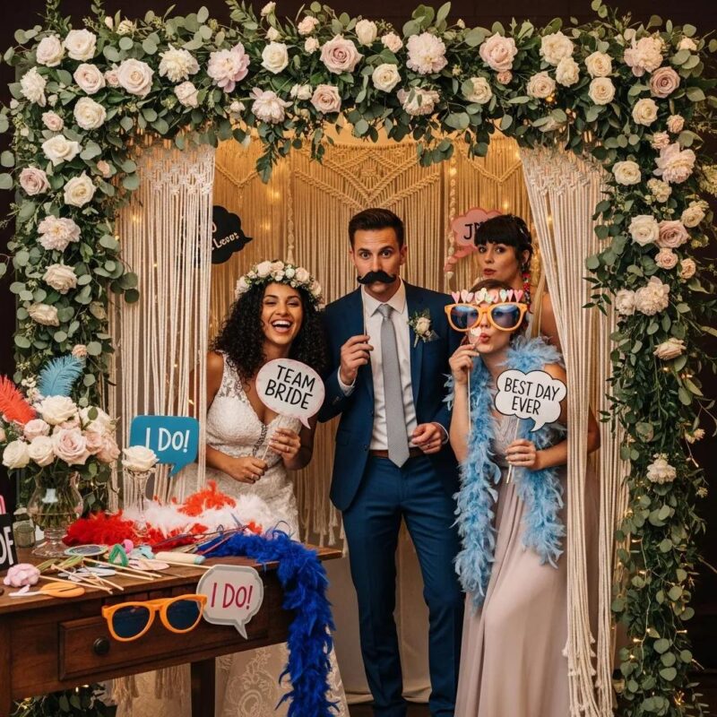 Guests enjoying a wedding photo booth with colorful decorations, holding playful props like "TEAM BRIDE" and "BEST DAY EVER," surrounded by floral arrangements and a festive atmosphere.