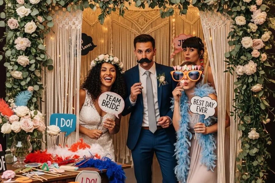 Photo booth at a wedding with guests enjoying and colorful decorations