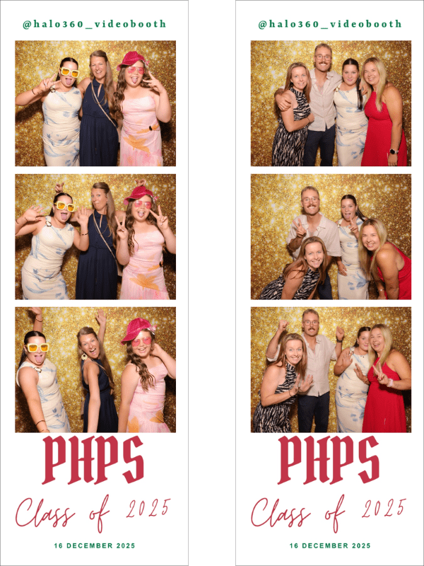Photo booth images featuring students celebrating at a school formal, with props and playful poses, branded with "PHPS Class of 2025" and a sparkling gold backdrop, showcasing the fun and engagement of the event.