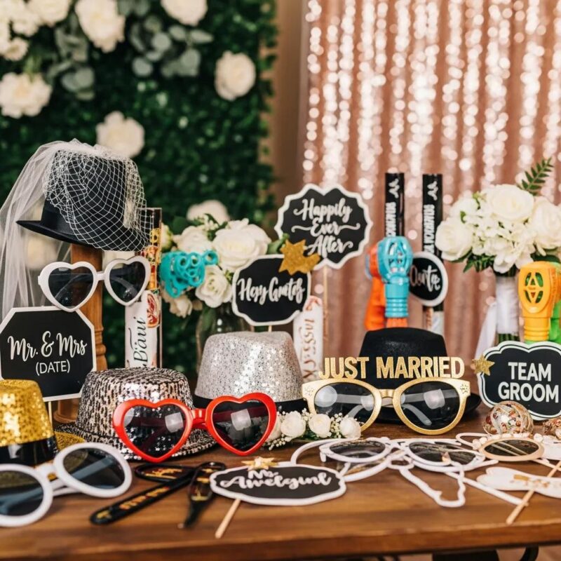 Variety of customizable props and backdrops for 360 photo booths at weddings